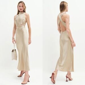 Reformation Cassette Silk Cowl Mock Neck Open Cross Back Maxi Dress Gown Sand